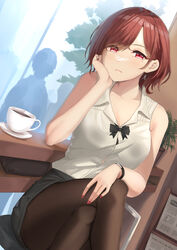  armrest bare_arms bare_shoulders black_pantyhose black_skirt bra bra_peek breasts brown_hair cafe cleavage closed_mouth collared_shirt crossed_legs cup dutch_angle earrings female highres higuchi_madoka idolmaster idolmaster_shiny_colors jewelry looking_at_viewer nail_polish pantyhose red_eyes saucer shirt short_hair shougun_(chuckni1) silhouette sitting skirt sleeveless sleeveless_shirt solo_focus teacup underwear watch white_shirt wristwatch 