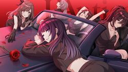  5girls :q ;o armpit_peek ass back bent_over black_bow black_choker black_gloves black_jacket black_pants black_tube_top blunt_bangs bow breasts brown_eyes brown_hair car choker cleavage collarbone commentary convertible cropped_jacket ear_piercing earrings english_text flower game_cg glasses gloves gradient_hair grin hairbow half_gloves hand_in_own_hair head_tilt idolmaster idolmaster_shiny_colors jacket jewelry l&#039;antica_(idolmaster) lapels large_breasts leaning_forward light_brown_hair long_hair long_sleeves looking_at_viewer midriff mitsumine_yuika motor_vehicle multicolored_hair multiple_girls navel notched_lapels official_art on_vehicle one_eye_closed open_mouth pants petals piercing ponytail profile purple_eyes purple_hair purple_lips reaching red_background red_flower red_rose rose rose_petals shirase_sakuya sideways_glance sleeveless sleeveless_jacket small_breasts smile steering_wheel strapless stretching tanaka_mamimi tongue tongue_out tsukioka_kogane tube_top yellow_eyes yukoku_kiriko 