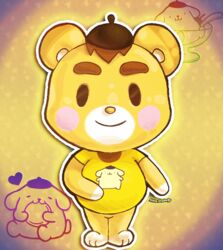  1boy altiastudio animal_crossing artist_name bear brown_hair commentary_request hat heart male_focus marty_(animal_crossing) pompompurin sanrio solo 