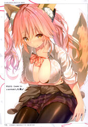  absurdres animal_ear_fluff animal_ears arm_support black_pantyhose blush bow bra breasts brown_eyes cleavage clothes_around_waist collarbone fate/grand_order fate_(series) female fox_ears fox_girl fox_tail hayashi_kewi highres large_breasts long_hair official_alternate_costume page_number pantyhose pink_hair scan see-through shiny_clothes shirt short_sleeves simple_background sitting skirt solo sweat sweatdrop tail tamamo_(fate) tamamo_no_mae_(fate/extra) tamamo_no_mae_(jk)_(fate) underwear wet wet_clothes white_shirt 