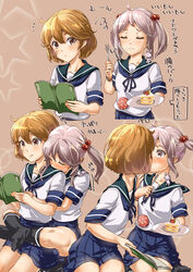  2girls ahoge animal_on_shoulder badge bandaid bandaid_on_face black_legwear blush book cake chewing closed_eyes commentary_request eating eye_contact face-to-face food food_on_face fork fukami_naoyuki hair_bobbles hair_ornament holding holding_book hug hug_from_behind kantai_collection kissing kneehighs leg_lock licking_lips looking_at_another multiple_girls oboro_(kancolle) orange_hair pink_eyes pink_hair plate rabbit sailor_collar sazanami_(kancolle) school_uniform serafuku short_hair simple_background skirt smile socks surprise_kiss surprised sweatdrop tongue tongue_out translation_request twintails yuri 