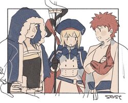  2boys artist_name artoria_caster_(fate) artoria_pendragon_(fate) bad_id bad_twitter_id belt blonde_hair cloak coat crossed_arms cu_chulainn_(caster)_(fate) cu_chulainn_(fate) emiya_shirou fate/grand_order fate_(series) female fur-trimmed_hood fur_trim hand_on_own_hip hat holding holding_staff hood looking_at_another multiple_boys outside_border red_hair ribbon senji_muramasa_(fate) sost_fgo staff 