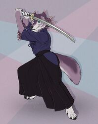  2020 4_toes 5_fingers anthro black_nose blue_eyes breasts canid canine canis digital_media_(artwork) feet female fingers holding_melee_weapon holding_object holding_sword holding_weapon inkmaven mammal melee_weapon solo sword toes weapon wolf 