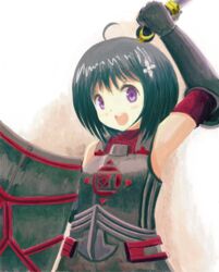  :d absurdres ahoge arm_up armor armpits bare_shoulders black_armor black_gloves black_hair blush bracer canvas_(medium) commentary elbow_gloves female gloves hair_ornament highres holding holding_shield holding_weapon itai_no_wa_iya_nano_de_bougyoryoku_ni_kyokufuri_shitai_to_omoimasu looking_at_viewer maple_(bofuri) noodleboxp open_mouth painting_(medium) purple_eyes red_gloves shield short_hair short_sword smile solo sword traditional_media upper_body weapon 