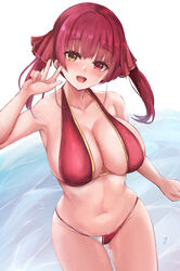  ass_visible_through_thighs bad_id bad_pixiv_id bare_shoulders bikini breasts cleavage collarbone cowboy_shot eyelashes female hand_up heterochromia highres hololive houshou_marine houshou_marine_(summer) large_breasts long_hair looking_at_viewer navel neneru official_alternate_costume open_mouth red_bikini red_eyes red_hair round_teeth skindentation smile solo swimsuit teeth thighs twintails upper_teeth_only virtual_youtuber w water wet wet_hair yellow_eyes 