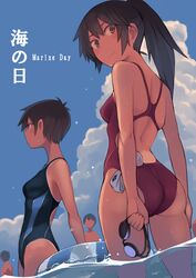  2boys 2girls ass black_hair blue_one-piece_swimsuit blue_sky cloud commentary competition_swimsuit cowboy_shot day goggles highleg highleg_swimsuit highres kuronami_(lvi) long_hair looking_at_viewer lvi marine_day multiple_boys multiple_girls murasame_(lvi) one-piece_swimsuit original outdoors ponytail red_one-piece_swimsuit sky swimsuit tan tanlines translated unworn_goggles unworn_swim_cap wading 