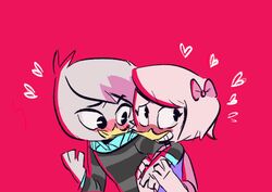  2019 anatid anseriform anthro arm_on_shoulder avian bird black_eyes blush clothing disney duck ducktales ducktales_(2017) duo female female/female grin hair heart_symbol lena_(ducktales) pink_background shirt simple_background smile thetobor topwear webby_vanderquack white_body white_hair 