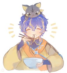  1boy animal_on_head astel_leda blue_hair chopsticks chopsticks_in_mouth closed_eyes eating feline food highres holostars jacket long_sleeves male_focus multicolored_hair noodles on_head orange_hair pale_skin solo tehnyo virtual_youtuber 