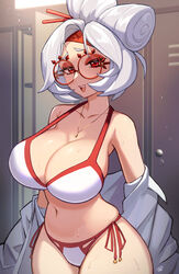  :d absurdres alternate_breast_size bare_shoulders bikini breasts cleavage collarbone cowboy_shot eyeshadow female glasses grey_hair hair_ornament hair_stick highres huge_breasts indoors jewelry locker locker_room long_sleeves looking_at_viewer makeup navel necklace off_shoulder open_clothes open_mouth open_shirt psidubs purah red-framed_eyewear red_eyes red_eyeshadow red_ribbon ribbon round_eyewear shirt short_hair side-tie_bikini_bottom skindentation smile solo swimsuit the_legend_of_zelda the_legend_of_zelda:_tears_of_the_kingdom thick_thighs thighs undressing white_bikini white_shirt 