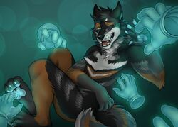  2020 4_toes 5_fingers anthro black_hair canid canine canis digital_media_(artwork) feet fingers green_eyes hair inkmaven male mammal open_mouth smile solo teeth toes tongue wolf 