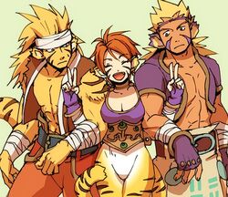  2boys animal_ears blonde_hair breasts breath_of_fire breath_of_fire_ii breath_of_fire_iii breath_of_fire_iv bustier cat_ears cat_tail cleavage closed_mouth cray_(breath_of_fire) double_v facial_mark female fingerless_gloves gloves groin lowres monster_girl multiple_boys no_panties no_pants open_mouth orange_hair pointy_ears rei_(breath_of_fire) rinpoo_chuan sassa_(cb) short_hair smile tail v 