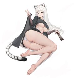  animal_ears ass bare_legs barefoot black_shirt black_skirt breasts commission crop_top crop_top_overhang feet female folding_fan grey_eyes hand_fan hand_up highres holding holding_fan large_breasts lifting_own_clothes long_hair long_sleeves looking_at_viewer microskirt midriff no_bra open_mouth original panties pleated_skirt second-party_source seol_baekeunhwa_(teusai) shirt simple_background sitting skirt smile soles solo tail thighs tiger_ears tiger_girl tiger_tail toes ttalkkak underboob underwear v very_long_hair waist_cape white_background white_hair white_panties wide_sleeves yokozuwari 