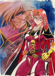  1990s_(style) 1boy absurdres belt black_cape black_jacket blue_eyes bodysuit breasts brown_belt brown_eyes brown_hair cape emeraldas female hair_ornament harlock harlock_saga highres holstered jacket long_hair manabe_jouji medium_breasts one_eye_closed orange_hair queen_emeraldas red_bodysuit retro_artstyle scar scar_on_face skull_and_crossbones skull_hair_ornament smile space very_long_hair 