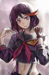  absurdres black_hair black_shirt blue_eyes breasts female highres kill_la_kill matoi_ryuuko medium_hair multicolored_hair navel pink_eyes red_hair school_uniform senketsu serafuku shirt solo stomach streaked_hair subakeye suspenders two-tone_hair 