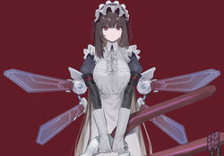  breasts brown_hair closed_mouth dress female frills gloves holding large_breasts last_origin long_hair looking_at_viewer maid maid_headdress mechanical_wings mel_(dodosae) oversized_object pliers red_background red_eyes scissors_lise simple_background solo upper_body very_long_hair white_dress white_gloves wings 