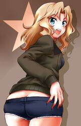  :d blonde_hair blue_eyes blue_shorts brown_jacket butt_crack commentary cutoffs denim denim_shorts female from_behind fujimaru_arikui girls_und_panzer hair_intakes hand_on_own_ass highres jacket kay_(girls_und_panzer) long_hair long_sleeves looking_at_viewer looking_back micro_shorts midriff military military_uniform open_clothes open_jacket open_mouth saunders_military_uniform shadow shorts smile solo standing star_(symbol) thigh_gap uniform 