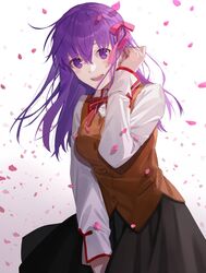  black_skirt blush breasts commentary_request dress fate/stay_night fate_(series) female hair_ribbon highres kuromamechabita large_breasts long_hair long_skirt long_sleeves looking_at_viewer matou_sakura purple_eyes purple_hair red_ribbon ribbon skirt smile solo 