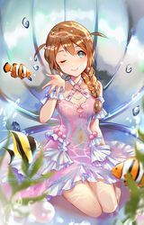  aqua_eyes baba_konomi blurry braid breasts brown_hair clam_shell cleavage closed_mouth clownfish depth_of_field female fish highres idolmaster idolmaster_million_live! idolmaster_million_live!_theater_days jewelry long_hair looking_at_viewer medium_breasts monkeyyan moorish_idol navel one_eye_closed single_braid smile solo tropical_fish underwater watermark 