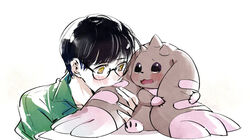  anthro bandai_namco black_hair blush brown_body brown_fur chibifur digimon digimon_(species) digimon_survive duo eyewear fur glasses hair horn human lanllan long_ears lopmon lopmon_(survive) male mammal shuuji_kayama 