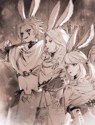  3girls almet_(ff14) animal_ears chinese_commentary commentary_request cymet_(ff14) elbow_gloves facial_mark final_fantasy final_fantasy_xiv forehead_mark frown gloves greyscale hand_on_own_hip highres long_hair midriff monochrome multiple_girls navel over_shoulder parted_lips ponytail rabbit_ears short_hair siblings sidelocks simite sisters skirt smile uimet_(ff14) viera weapon weapon_over_shoulder 