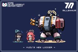  1other 2girls aris_(blue_archive) blue_archive cannon chibi closed_eyes crossover dreadnought_(warhammer_40k) english_text halo happy mecha missile_pod multiple_girls pixel_art redforge robot rocket_launcher shiny warhammer_40k weapon yuzu_(blue_archive) 