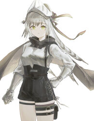  aiv arknights black_shorts breasts commentary cowboy_shot fartooth_(arknights) female gloves grey_gloves grey_hair grey_shirt hand_on_own_hip high-waist_shorts highres long_hair long_sleeves looking_at_viewer medium_breasts pouch shirt shorts simple_background solo standing thigh_strap thighs very_long_hair white_background yellow_eyes 