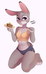  2020 anthro breasts cake clothed clothing dessert dialogue digital_media_(artwork) disney english_text female food fur grey_body grey_fur hi_res holding_food holding_object judy_hopps kneeling lagomorph leporid looking_at_viewer luryry mammal midriff multicolored_body multicolored_fur navel open_mouth plate purple_eyes rabbit shaded simple_background small_breasts smile talking_to_viewer teeth text thick_thighs two_tone_body two_tone_fur white_background wide_hipped_female wide_hips zootopia 