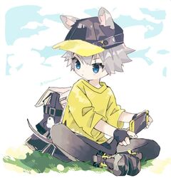  animal_ear_fluff animal_ears arknights backpack bad_id bad_twitter_id bag baseball_cap black_footwear black_gloves black_hat black_pants blue_eyes blush cellphone click_(arknights) closed_mouth commentary_request ears_through_headwear female fingerless_gloves flat_chest full_body gloves grey_hair hat holding holding_phone long_sleeves looking_away looking_back mouse_ears mouse_girl mouse_tail naguru_(cyoroama) on_grass pants phone shirt shoes sitting solo tail tomboy twitter_username yellow_shirt 