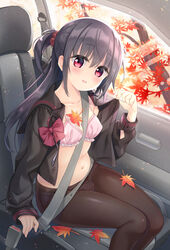  autumn_leaves belly black_hair black_sailor_collar black_serafuku black_shirt blouse bow bowtie bra breasts car_interior collarbone commentary_request female highres leaf long_hair long_sleeves looking_at_viewer maple_leaf mole mole_under_eye navel no_pants one_side_up open_clothes open_shirt original panties panties_under_pantyhose pantyhose pink_bra pink_eyes pink_panties sailor_collar school_uniform seatbelt serafuku shirt small_breasts solo tamakake underwear 