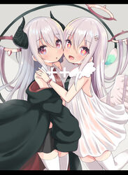  2girls :d :o angel angel_and_devil angel_wings bad_id bad_pixiv_id bare_shoulders black_jacket black_skirt blush collared_shirt commentary_request curled_horns demon_horns dress feathered_wings grey_background hair_between_eyes halo hand_on_another&#039;s_shoulder highres horns jacket letterboxed long_sleeves looking_at_viewer multiple_girls necktie off_shoulder open_clothes open_jacket open_mouth original parted_lips pleated_skirt red_eyes red_necktie shiraga_(siragagaga) shirt siragagaga skirt sleeveless sleeveless_dress sleeves_past_fingers sleeves_past_wrists smile symbol-shaped_pupils thighhighs twitter_username white_dress white_hair white_legwear white_shirt white_wings wings 