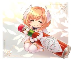  arcanadea blush bottle breasts cleavage closed_eyes closed_mouth facing_viewer female gloves highres holding holding_bottle hot_sauce kneeling leotard lumitia mini_person minigirl sankuma short_hair smile solo tabasco white_gloves wings 