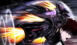  1boy bad_id bad_pixiv_id black_selena brown_hair clenched_hand flying from_side glowing glowing_eye highres kidou_senkan_nadesico kidou_senkan_nadesico_-_prince_of_darkness looking_up md5_mismatch mecha mechanical_tail punching red_eyes robot science_fiction tail tenkawa_akito usagipanchi 