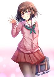  1boy absurdres bag blush brown_hair closed_mouth crossdressing hair_between_eyes highres koisuru_(otome)_no_tsukurikata male_focus mihate_hiura otoko_no_ko pantyhose pink_eyes red_skirt sailor_collar school_bag school_uniform senchimee serafuku short_hair simple_background skirt smile solo 