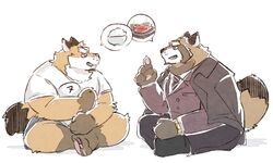  2020 5:3 anthro bottomwear brown_body brown_fur canid canine closed_eyes clothing duo food fox fuguri fur humanoid_hands kemono male mammal necktie pants raccoon_dog shirt shorts simple_background sitting slightly_chubby tanuki topwear 