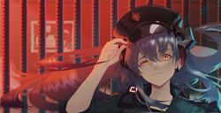  arknights chrix commentary_request earrings female grey_hair hat hat_tip highres horns jewelry long_hair official_alternate_costume orange_eyes police police_uniform policewoman prison saria_(arknights) saria_(the_law)_(arknights) smirk solo uniform 