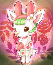  altiastudio animal_crossing animal_ears chelsea_(animal_crossing) commentary_request deer deer_ears deer_tail dress female flower green_hair hair_flower hair_ornament leaf rabbit_ears solo tail 