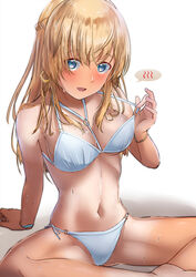  absurdres alice_gear_aegis bikini blonde_hair blue_eyes braid breasts feet_out_of_frame female french_braid highres indian_style large_breasts long_hair merabuchi_kanami o-ring o-ring_bikini o-ring_top one-piece_tan origami_yakko side-tie_bikini_bottom sitting solo swimsuit tan tanlines wet wet_clothes wet_swimsuit white_background white_bikini 