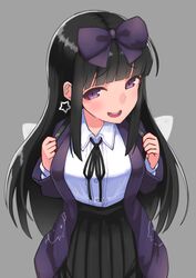  black_hair black_ribbon black_skirt blunt_bangs blush bow breasts collared_shirt commentary_request cookie_(touhou) cowboy_shot earrings fairy fairy_wings female grey_background hairbow highres hime_cut jacket jewelry large_breasts long_hair looking_at_viewer neck_ribbon open_mouth purple_bow purple_eyes purple_jacket ribbon s_ibane shirt shunga_youkyu sidelocks simple_background skirt smile solo star_(symbol) star_earrings star_sapphire touhou white_shirt wings 