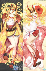  :d arm_behind_back artist_name bare_legs barefoot bead_belt beads bed_sheet blonde_hair breasts c: claw_pose closed_mouth commentary earrings facial_mark fang_out fangs fate/grand_order fate_(series) female fingernails flower forehead forehead_mark hair_flower hair_ornament half-closed_eyes hands_up head_tilt hibiscus highres horns ibaraki_douji_(fate) ibaraki_douji_(swimsuit_lancer)_(fate) ibaraki_douji_(swimsuit_lancer)_(second_ascension)_(fate) japanese_clothes jewelry kimono krokobyaka long_hair looking_at_viewer lying multiple_views oerba_yun_fang on_back one-piece_swimsuit oni oni_horns open_mouth pointy_ears sandals sharp_fingernails sharp_toenails sidelocks signature single_sandal small_breasts smile strapless strapless_one-piece_swimsuit swimsuit tattoo toenails toes watermark white_one-piece_swimsuit wide_sleeves yellow_eyes yellow_kimono zouri 