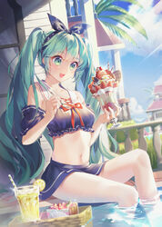  :d aqua_hair blue_skirt blueberry cake cherry cloud commentary cream cup day drinking_glass drinking_straw dutch_angle female food fruit glass green_eyes hair_ribbon hatsune_miku highres holding holding_spoon ice_cream lemon lemon_slice long_hair midriff navel open_mouth outdoors palm_tree ribbon sailor_collar sigi sitting skirt sky smile soaking_feet solo spoon strawberry sundae tree twintails very_long_hair vocaloid wafer wafer_stick water 