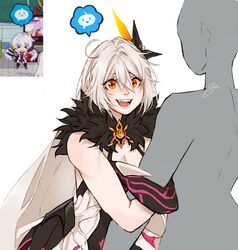  &gt;_&lt; 1other ahoge arm_hug armor armored_dress asymmetrical_gloves asymmetrical_wings breasts chibi chibi_inset cleavage cloud_ya commentary diamond-shaped_pupils diamond_(shape) elbow_gloves energy_wings english_commentary fangs female fur_collar gameplay_mechanics gloves grey_hair hair_between_eyes hair_ornament highres honkai_(series) honkai_impact_3rd kiana_kaslana kiana_kaslana_(herrscher_of_the_void) long_hair looking_at_another open_mouth reference_inset signature single_elbow_glove smile spoken_emoji starfish_hair_ornament symbol-shaped_pupils teeth tongue upper_body very_long_hair wings yellow_eyes 