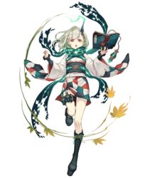  :o book boots cross-laced_footwear female full_body green_hair horns japanese_clothes ji_no kimono leaf little_match_girl_(sinoalice) looking_at_viewer maple_leaf official_art platform_footwear red_eyes sash scarf short_kimono single_horn sinoalice solo thigh_strap transparent_background wide_sleeves 