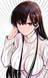  absurdres black_hair breasts closed_mouth danshi_koukousei_o_yashinaitai_onee-san_no_hanashi emphasis_lines female hair_between_eyes highres jmdyer000 kanemochi_shiori long_hair purple_eyes ribbed_sweater simple_background smile solo sweater upper_body white_background white_sweater 