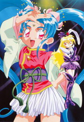  1990s_(style) 2girls :d aqua_hair arm_up blonde_hair closed_mouth facial_mark flower forehead_mark freckles hair_flower hair_ornament happy hat highres kawai_sasami long_hair long_sleeves looking_at_viewer magical_girl mahou_shoujo_pretty_sammy masaki_sasami_jurai miniskirt multiple_girls non-web_source obi official_art open_mouth pink_eyes pixy_misa pretty_sammy_(character) red_eyes retro_artstyle sash scan skirt smile standing twintails very_long_hair white_skirt wide_sleeves 