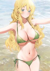  absurdres armpits bare_shoulders beach bikini blonde_hair blush breasts cleavage closed_mouth cowboy_shot day djheycha female green_bikini green_eyes groin hair_between_eyes halterneck highres hoshii_miki idolmaster idolmaster_(classic) large_breasts legs_together long_hair looking_at_viewer navel ocean outdoors outstretched_arms revision side-tie_bikini_bottom sidelocks skindentation solo standing stomach string_bikini summer swimsuit thighs water wavy_hair 