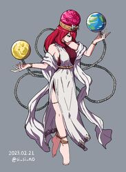  alternate_costume ancient_greek_clothes anklet bare_shoulders barefoot breasts chains earth_(ornament) female full_body greco-roman_clothes hecatia_lapislazuli jewelry medium_breasts medium_hair moon_(ornament) peplos red_eyes red_hair shishi_osamu solo touhou underworld_(ornament) 