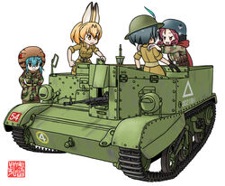  4girls alternate_costume blue_hair breast_pocket camouflage camouflage_jacket caterpillar_tracks gun hair_between_eyes hands_in_pockets hat_feather helmet jacket kaban_(kemono_friends) kemono_friends kemurikusa long_hair m.wolverine machine_gun medium_hair multiple_girls pocket red_hair riku_(kemurikusa) rivets serval_(kemono_friends) sleeves_rolled_up tsuchinoko_(kemono_friends) universal_carrier unworn_headwear unworn_helmet weapon white_background yellow_eyes 