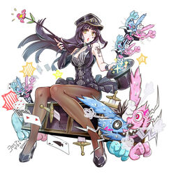  1other asymmetrical_gloves black_gloves black_hair bof_(sound_voltex) breasts butterfly_tattoo card diamond_(shape) dress elbow_gloves female fingerless_gloves floating_hair flower from_hat_trick full_body gloves hat heart high_heels holding holding_clothes holding_hat holding_wand kneehighs large_breasts long_hair looking_at_viewer magic magic_trick medium_breasts miss.dd nail_polish open_mouth pantyhose playing_card riding_crop simple_background single_glove sleeveless socks sound_voltex spade_(shape) star_(symbol) star_tattoo striped_clothes striped_dress sword syuri22 tattoo top_hat uneven_gloves vertical_stripes wand weapon white_background wrist_cuffs wristband yellow_eyes 