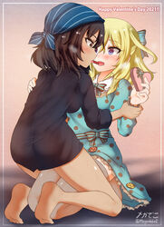  2girls andou_(girls_und_panzer) aquaegg arm_grab artist_name bandana bangs black_eyes black_hair black_shirt blonde_hair blue_bandana blue_bow blue_bowtie blue_dress blue_eyes bow bowtie collared_dress collared_shirt commentary_request dark-skinned_female dark_skin dated dress english_text eyebrows_visible_through_hair fishnet_legwear fishnets gift girls_und_panzer girls_und_panzer_senshadou_daisakusen! happy_valentine highres holding holding_gift kneeling long_sleeves looking_at_another medium_hair messy_hair mouth_hold multiple_girls no_pants object_kiss open_mouth oshida_(girls_und_panzer) polka_dot polka_dot_dress saliva shirt signature sweat thighhighs twitter_username valentine 