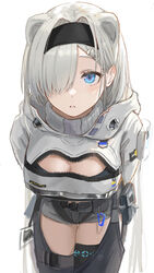  absurdres animal_ears arknights arms_behind_back aurora_(arknights) bear_ears black_hairband blue_eyes blush breasts cleavage cowboy_shot crop_top extra_ears female grey_hair grey_shorts hair_ornament hair_over_one_eye hairband hairclip highres infection_monitor_(arknights) large_breasts leaning_forward long_hair long_sleeves looking_at_viewer neon_trim parted_lips pouch short_shorts shorts solo tadano_tarako unzipped 